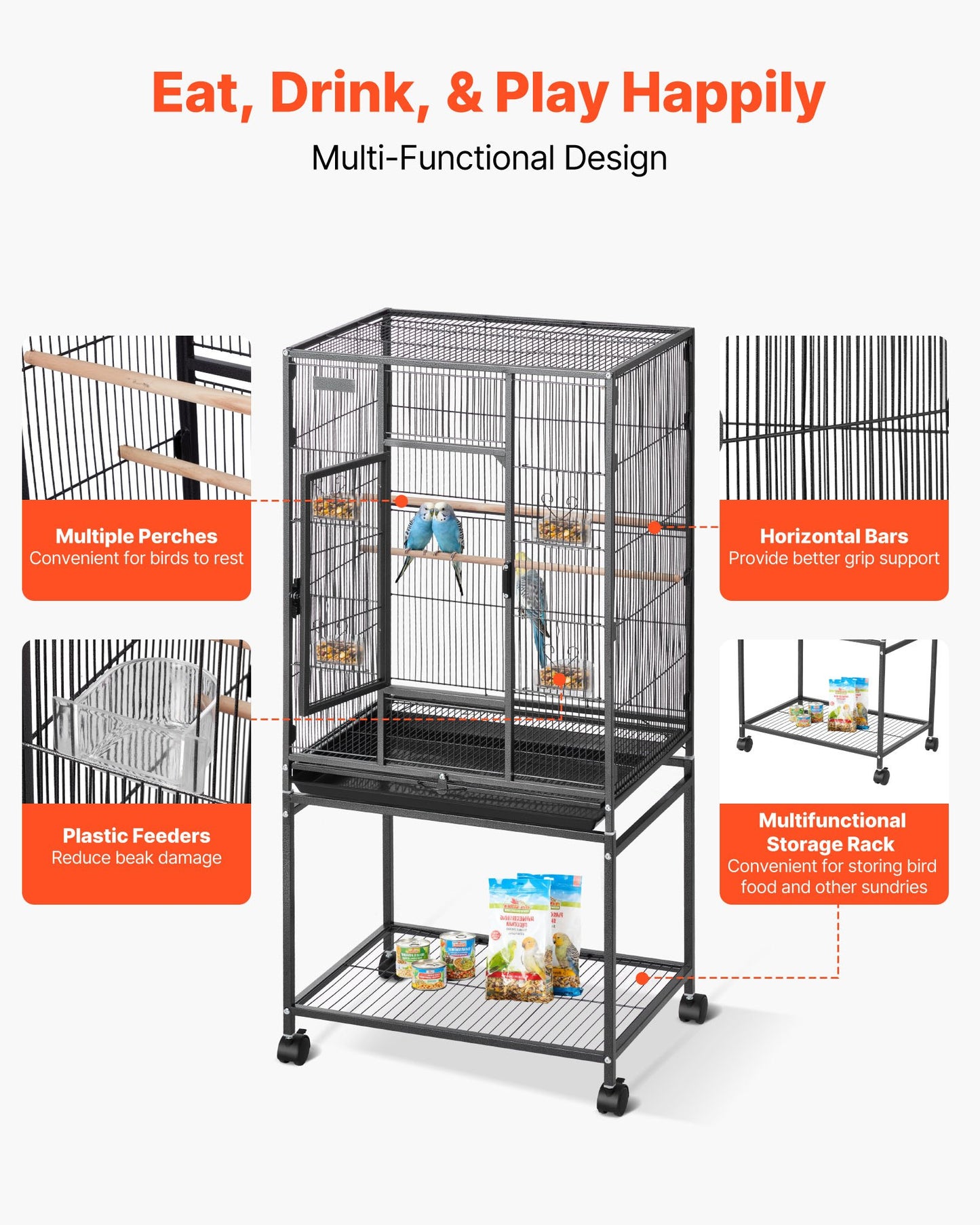 Bird Cage, 24.6 x 16.7 x 53.9 inch, Flat Top, Wrought Iron Bird Flight Cage with Perches, Slide-Out Tray and Plastic Feeders, Casters, for Parrot, Blue Tit, Cockatiel, Canary, Budgerigar, Conure