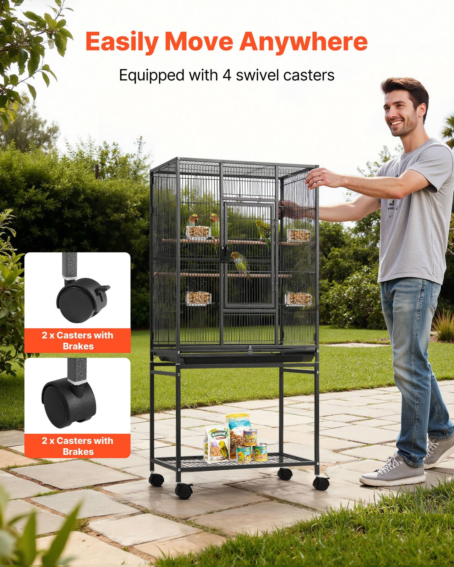 Bird Cage, 24.6 x 16.7 x 53.9 inch, Flat Top, Wrought Iron Bird Flight Cage with Perches, Slide-Out Tray and Plastic Feeders, Casters, for Parrot, Blue Tit, Cockatiel, Canary, Budgerigar, Conure