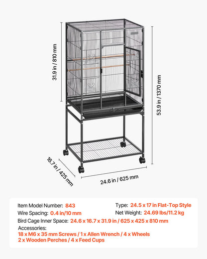 Bird Cage, 24.6 x 16.7 x 53.9 inch, Flat Top, Wrought Iron Bird Flight Cage with Perches, Slide-Out Tray and Plastic Feeders, Casters, for Parrot, Blue Tit, Cockatiel, Canary, Budgerigar, Conure