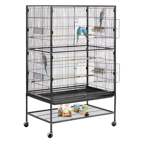 Bird Cage, 31.5 x 20.5 x 52 inch, Flat Top, Wrought Iron Bird Flight Cage with Perches, Slide-Out Tray and Plastic Feeders, Casters, for Parrot, Blue Tit, Cockatiel, Canary, and Monk Parakeet