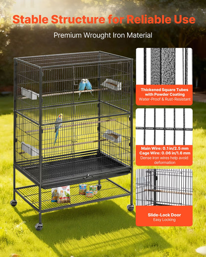 Bird Cage, 31.5 x 20.5 x 52 inch, Flat Top, Wrought Iron Bird Flight Cage with Perches, Slide-Out Tray and Plastic Feeders, Casters, for Parrot, Blue Tit, Cockatiel, Canary, and Monk Parakeet