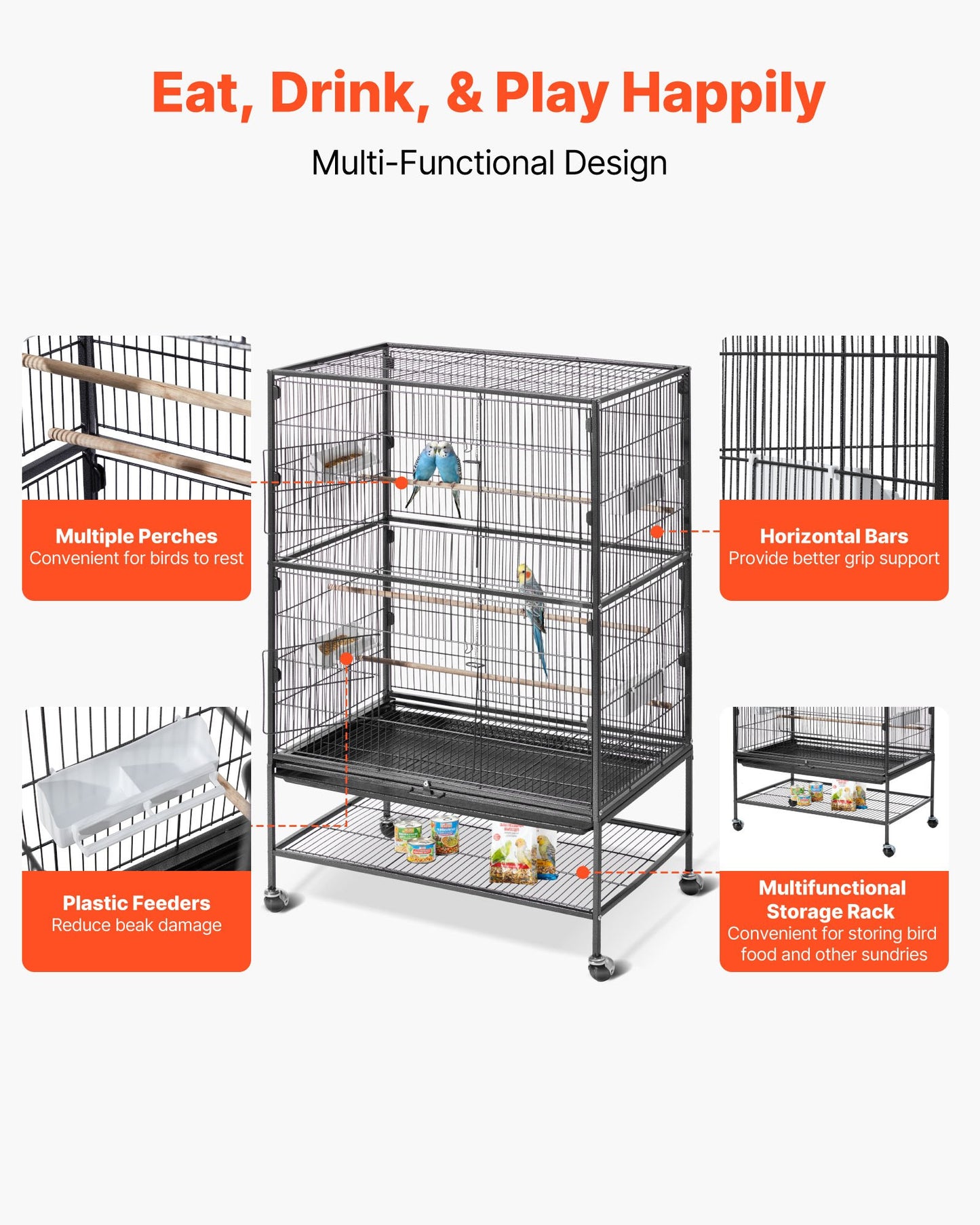 Bird Cage, 31.5 x 20.5 x 52 inch, Flat Top, Wrought Iron Bird Flight Cage with Perches, Slide-Out Tray and Plastic Feeders, Casters, for Parrot, Blue Tit, Cockatiel, Canary, and Monk Parakeet