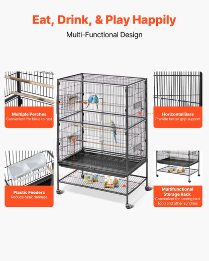 Bird Cage, 31.5 x 20.5 x 52 inch, Flat Top, Wrought Iron Bird Flight Cage with Perches, Slide-Out Tray and Plastic Feeders, Casters, for Parrot, Blue Tit, Cockatiel, Canary, and Monk Parakeet