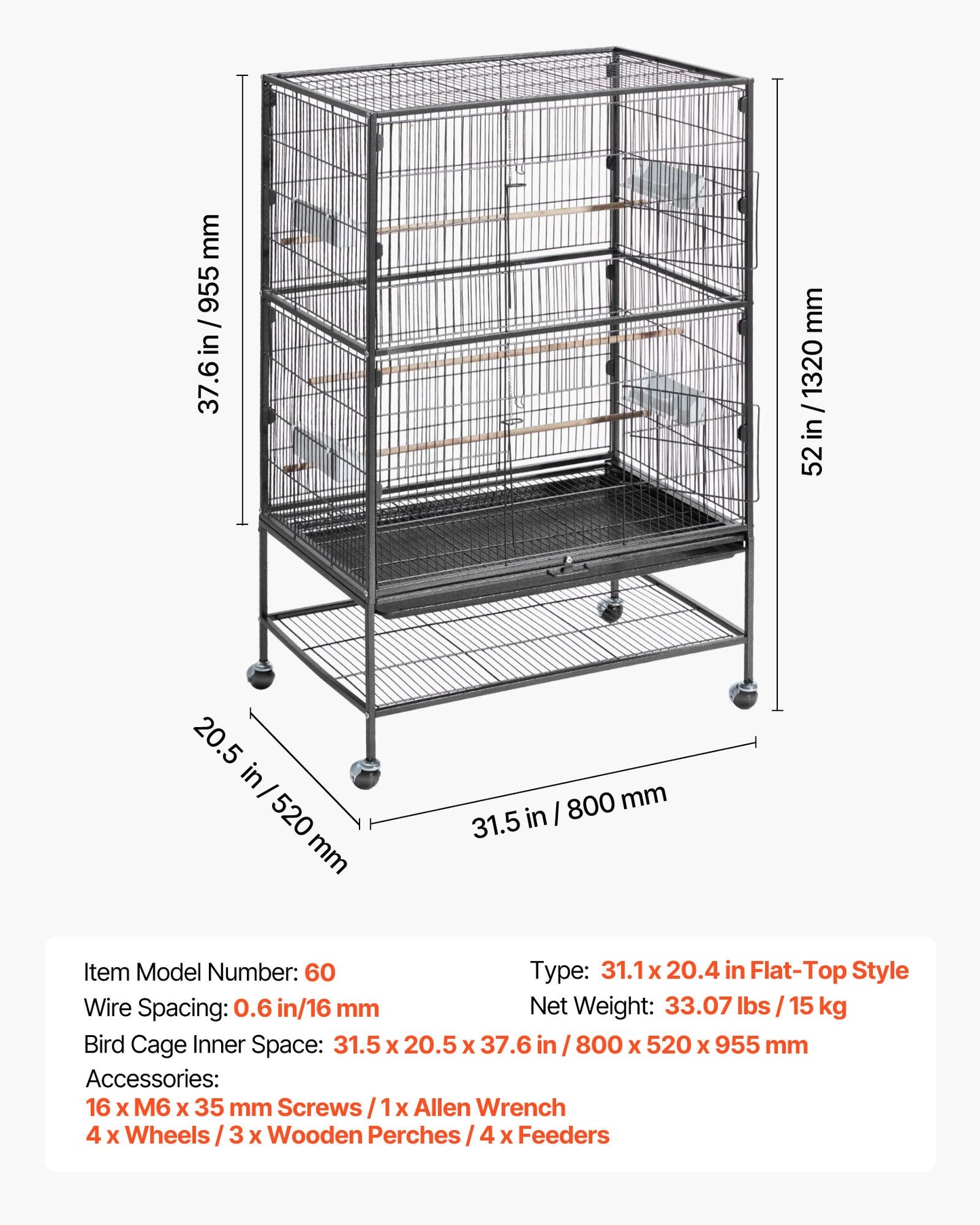 Bird Cage, 31.5 x 20.5 x 52 inch, Flat Top, Wrought Iron Bird Flight Cage with Perches, Slide-Out Tray and Plastic Feeders, Casters, for Parrot, Blue Tit, Cockatiel, Canary, and Monk Parakeet