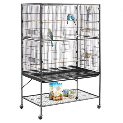 Bird Cage, 36.6 x 22.8 x 59.5 inch, Flat Top, Wrought Iron Bird Flight Cage with Perches, Slide-Out Tray and Plastic Feeders, for Blue Tit, Cockatiel, Canary, Monk Parakeet, African Grey Parrot