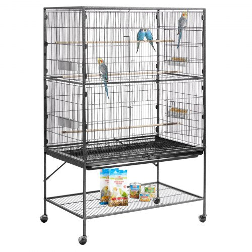 Bird Cage, 36.6 x 22.8 x 59.5 inch, Flat Top, Wrought Iron Bird Flight Cage with Perches, Slide-Out Tray and Plastic Feeders, for Blue Tit, Cockatiel, Canary, Monk Parakeet, African Grey Parrot