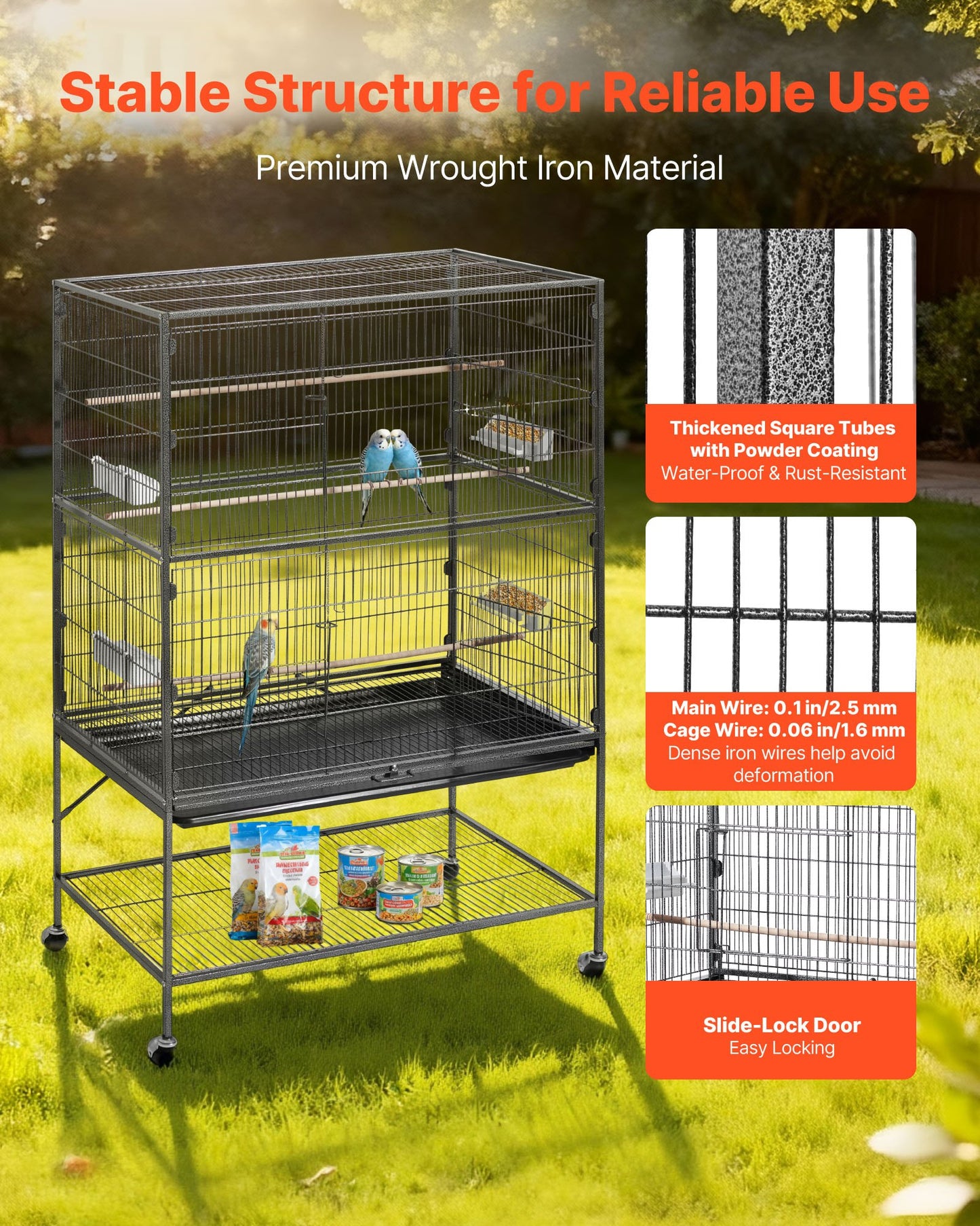 Bird Cage, 36.6 x 22.8 x 59.5 inch, Flat Top, Wrought Iron Bird Flight Cage with Perches, Slide-Out Tray and Plastic Feeders, for Blue Tit, Cockatiel, Canary, Monk Parakeet, African Grey Parrot