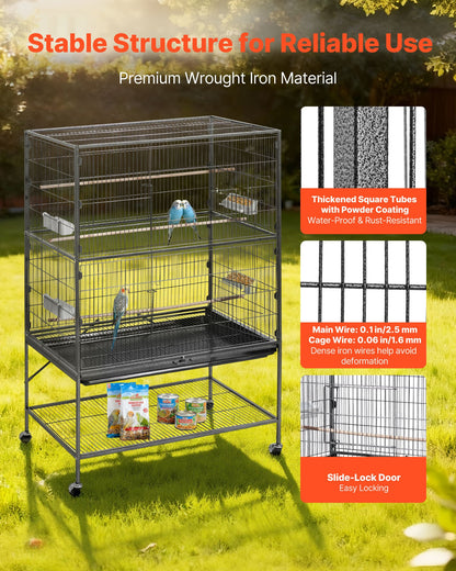 Bird Cage, 36.6 x 22.8 x 59.5 inch, Flat Top, Wrought Iron Bird Flight Cage with Perches, Slide-Out Tray and Plastic Feeders, for Blue Tit, Cockatiel, Canary, Monk Parakeet, African Grey Parrot
