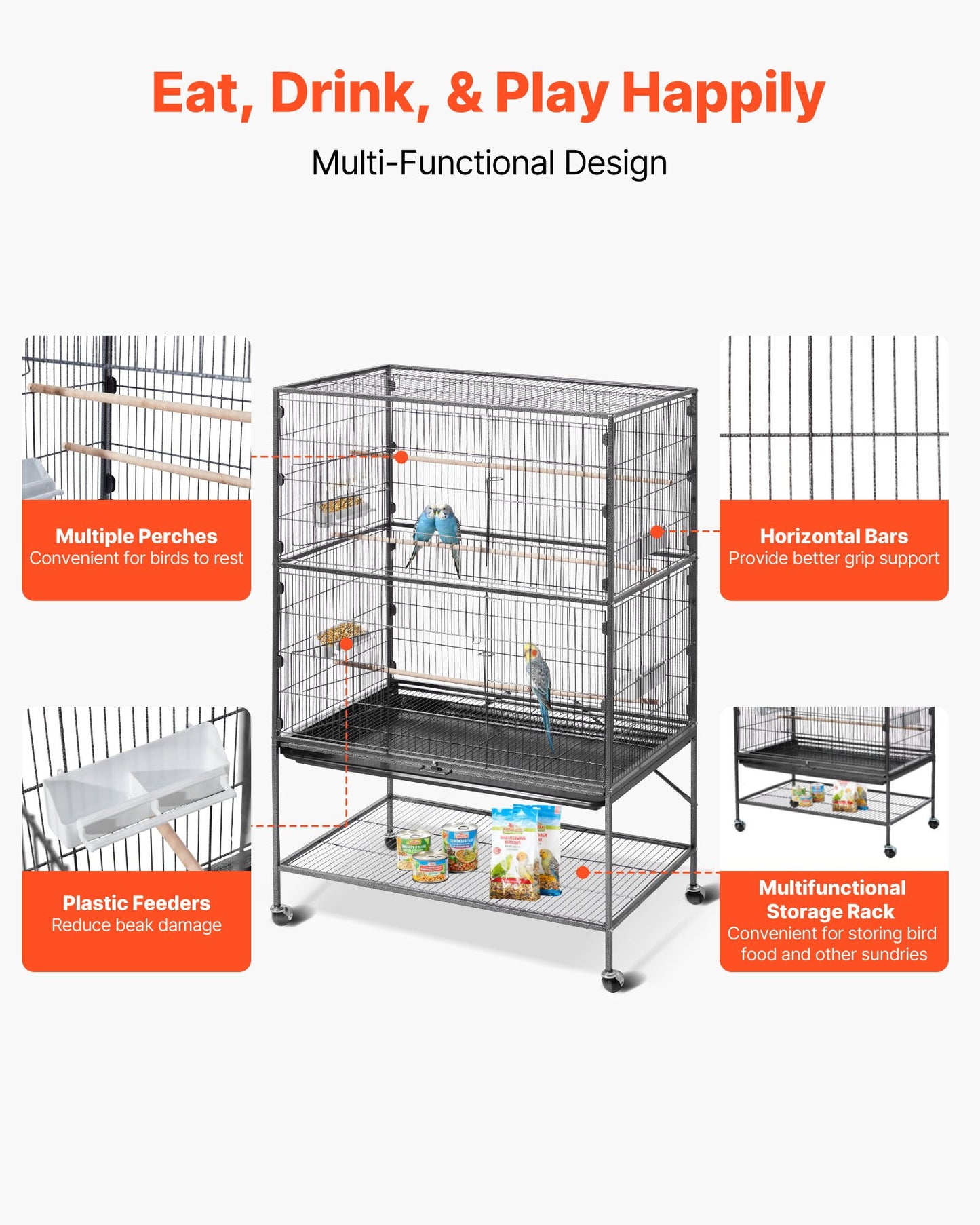 Bird Cage, 36.6 x 22.8 x 59.5 inch, Flat Top, Wrought Iron Bird Flight Cage with Perches, Slide-Out Tray and Plastic Feeders, for Blue Tit, Cockatiel, Canary, Monk Parakeet, African Grey Parrot