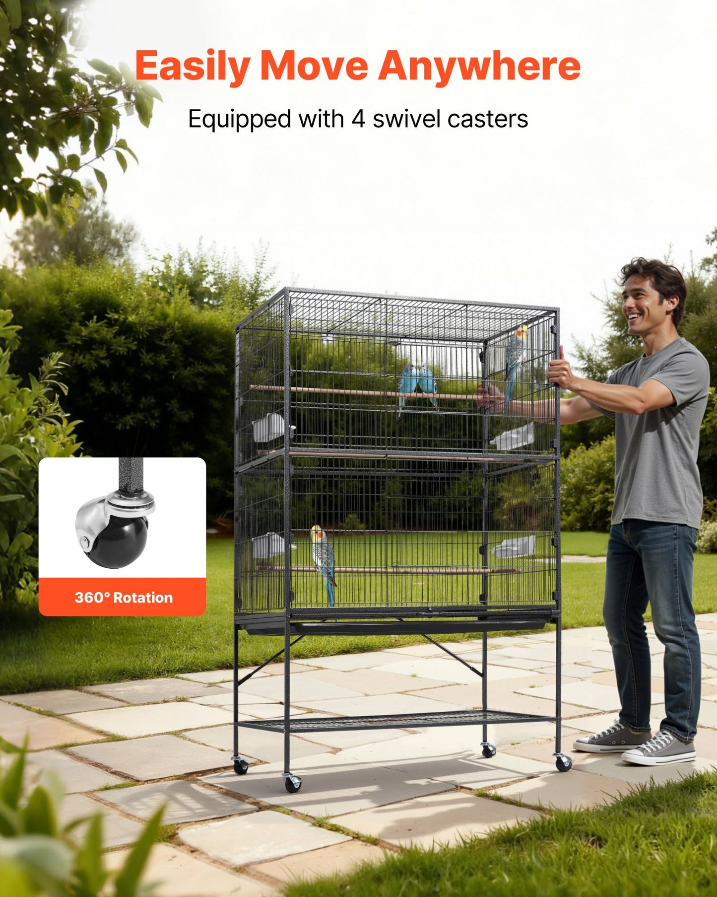 Bird Cage, 36.6 x 22.8 x 59.5 inch, Flat Top, Wrought Iron Bird Flight Cage with Perches, Slide-Out Tray and Plastic Feeders, for Blue Tit, Cockatiel, Canary, Monk Parakeet, African Grey Parrot
