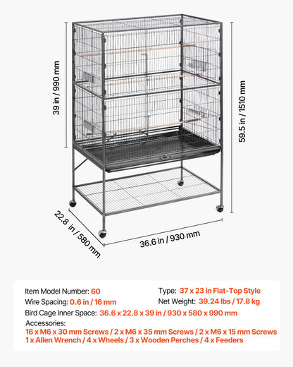 Bird Cage, 36.6 x 22.8 x 59.5 inch, Flat Top, Wrought Iron Bird Flight Cage with Perches, Slide-Out Tray and Plastic Feeders, for Blue Tit, Cockatiel, Canary, Monk Parakeet, African Grey Parrot