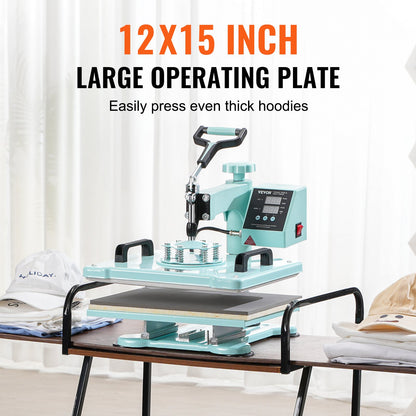 Heat Press Machine 12x15 i 2 i 1 Värmeöverföringsmaskin för T-Shirts Hattar