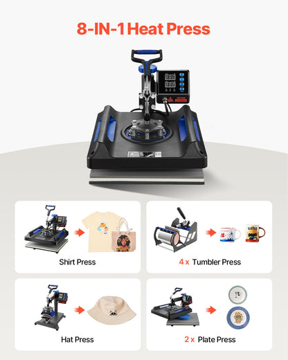 Heat Press Machine 8 in 1 Combo, Heat Press 15x15 in, Swing Away T Shirt Printing Machine Digital Control, Multifunction Transfer Machine Sublimation, for T-Shirt Hat Cap Mug Plate, Blue