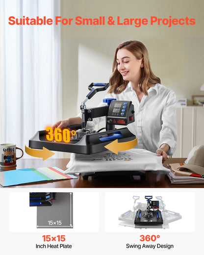 Heat Press Machine 8 in 1 Combo, Heat Press 15x15 in, Swing Away T Shirt Printing Machine Digital Control, Multifunction Transfer Machine Sublimation, for T-Shirt Hat Cap Mug Plate, Blue