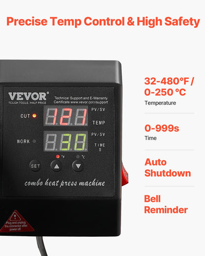 Heat Press Machine, 15 x 15 inch, 2 in 1 Heat Transfer Machine with Hat Press, 360° Swing Away T-Shirt Pressing, Digital Precise Control, Fast Even Heating for T-Shirts/Hats/Caps, Black