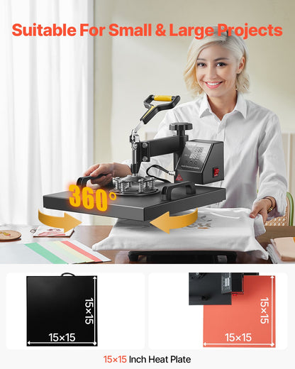 Heat Press Machine, 15 x 15 inch, 2 in 1 Heat Transfer Machine with Hat Press, 360° Swing Away T-Shirt Pressing, Digital Precise Control, Fast Even Heating for T-Shirts/Hats/Caps, Black