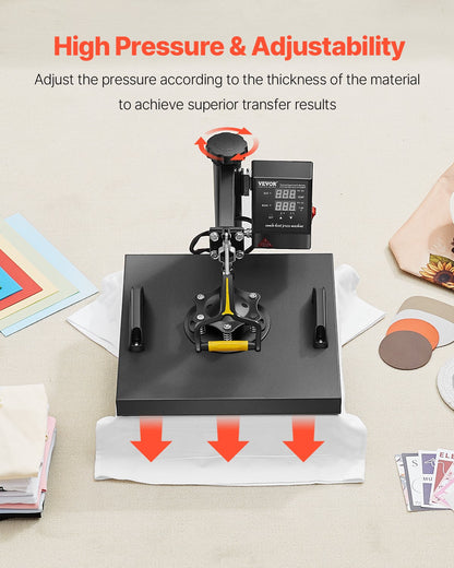 Heat Press Machine, 15 x 15 inch, 2 in 1 Heat Transfer Machine with Hat Press, 360° Swing Away T-Shirt Pressing, Digital Precise Control, Fast Even Heating for T-Shirts/Hats/Caps, Black
