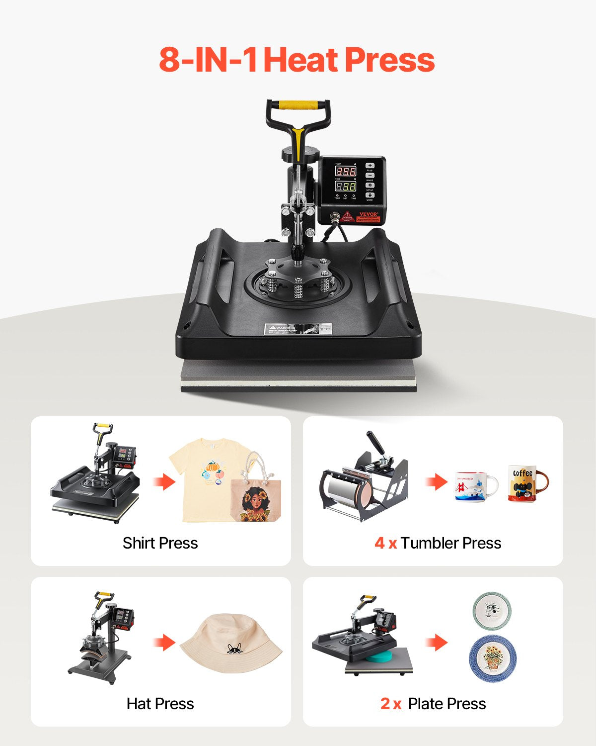 Heat Press Machine 8 in 1 Combo, Heat Press 15x15 in, Swing Away T Shirt Printing Machine Digital Control, Multifunction Transfer Machine Sublimation, for T-Shirt Hat Cap Mug Plate, Black