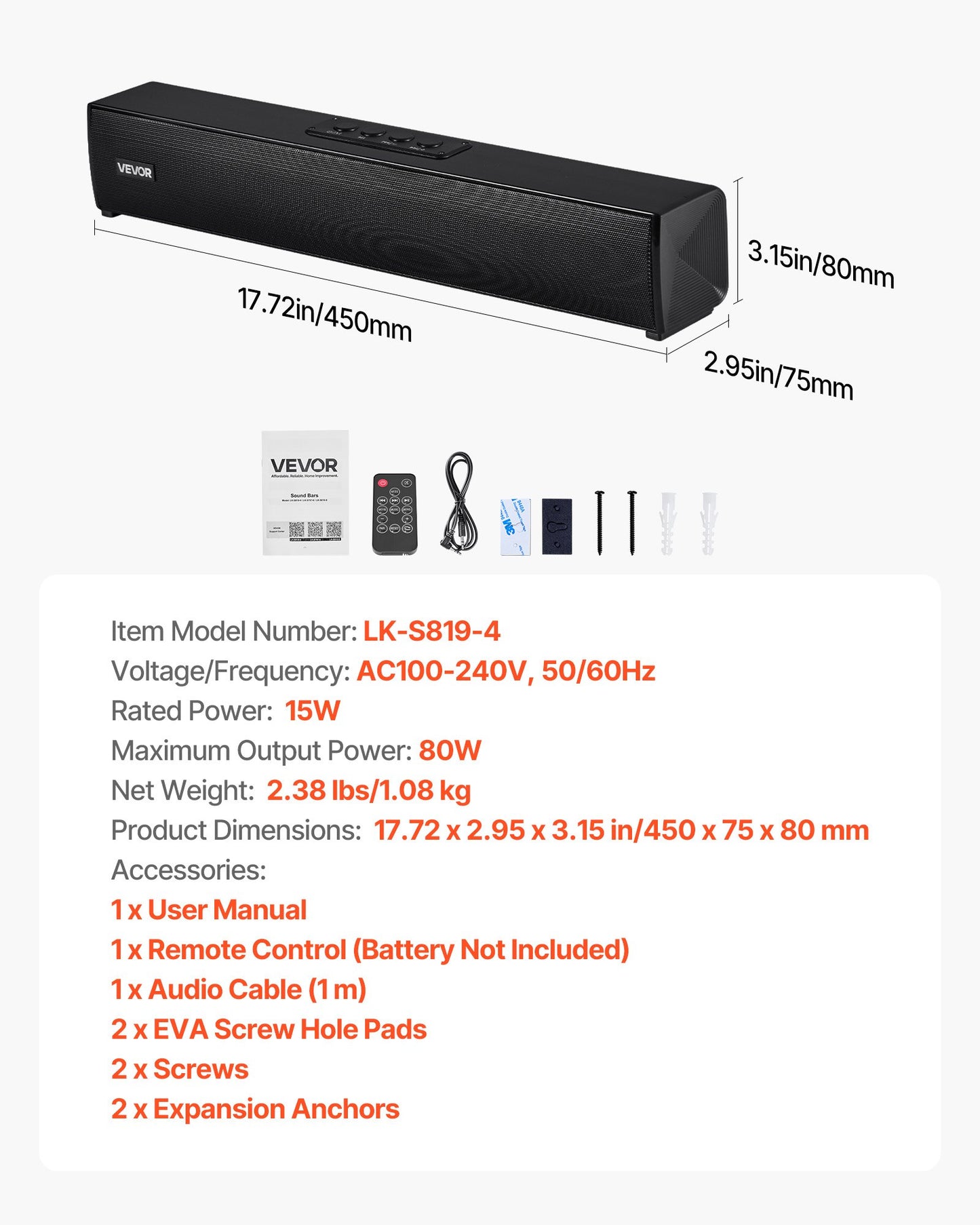 Sound Bar for Smart TV, 2.0 Channel, 17-Inch Compact Soundbar TV Speakers for Projector, Bluetooth AUX Connection, Remote Control, Easy Setup, 80W Surround Sound System for PC Home Theater Audio