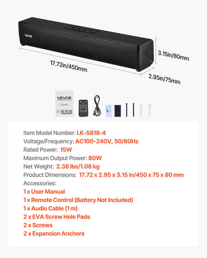 Sound Bar for Smart TV, 2.0 Channel, 17-Inch Compact Soundbar TV Speakers for Projector, Bluetooth AUX Connection, Remote Control, Easy Setup, 80W Surround Sound System for PC Home Theater Audio