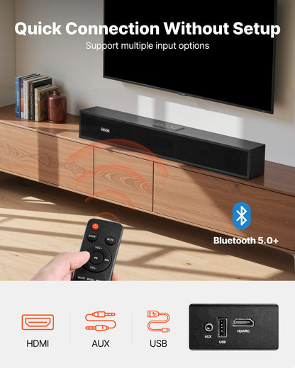 Sound Bar for Smart TV, 2.0 Channel, 24-Inch Compact Soundbar TV Speakers for Projector, Bluetooth AUX Connection, Remote Control, Easy Setup, 80W Surround Sound System for PC Home Theater Audio