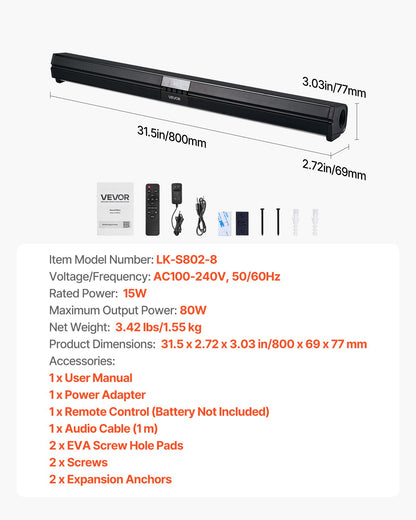 Sound Bar for Smart TV, 2.0 Channel, 32-Inch Compact Soundbar TV Speakers for Projector, Bluetooth AUX Connection, Remote Control, Easy Setup, 80W Surround Sound System for PC Home Theater Audio
