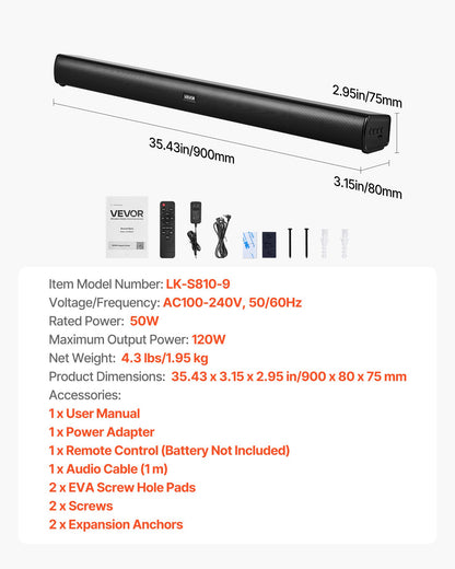 Sound Bar for Smart TV, 2.1 Channel, 35-Inch Compact Soundbar TV Speakers with Built-In Subwoofer for Projector, Bluetooth AUX Connection, Easy Setup, 120W Surround Sound System for Home Audio