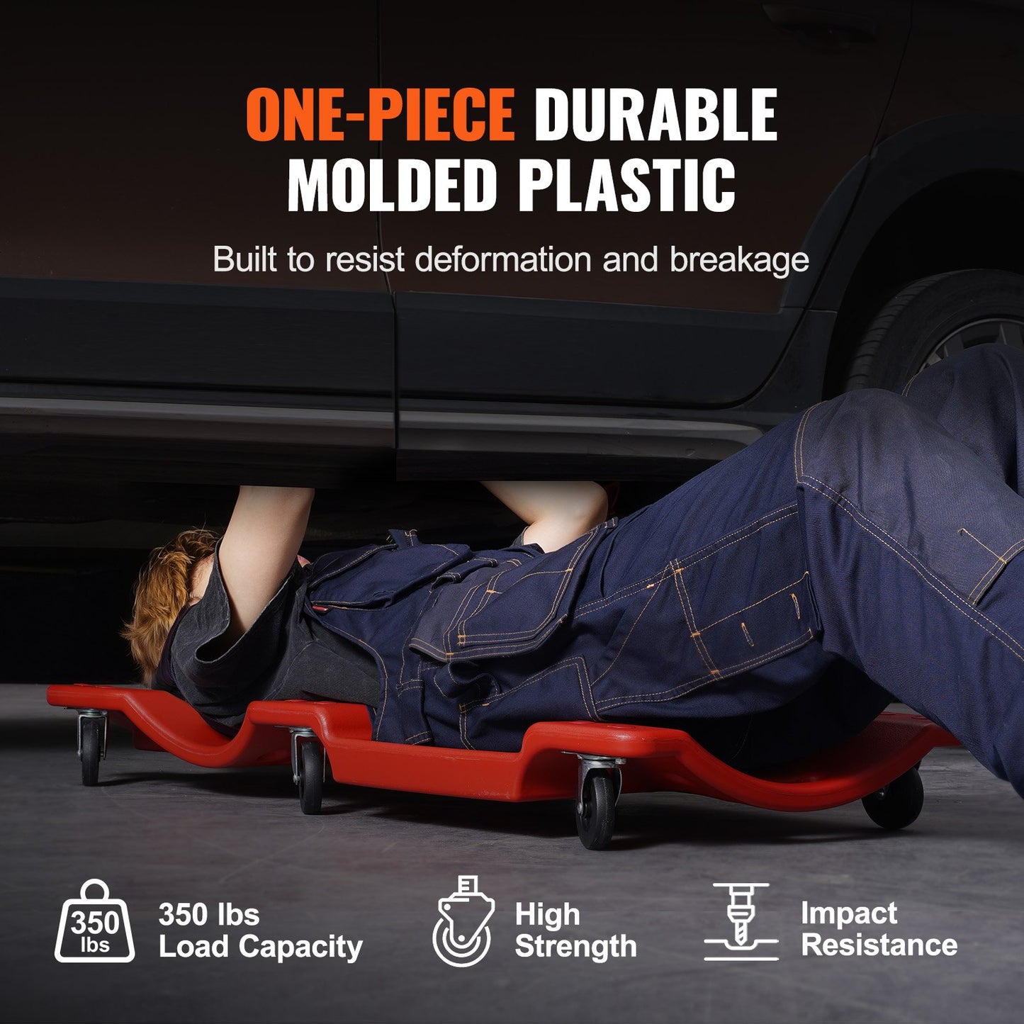 Mechanic Plastic Creeper, 36-Inch, 350 lbs Capacity Automotive Rolling Garage Creeper with Molded Ergonomic HDPE Body Padded Headrest & Dual Tool Trays 6 Wheels, for Garage Shop Auto Repair