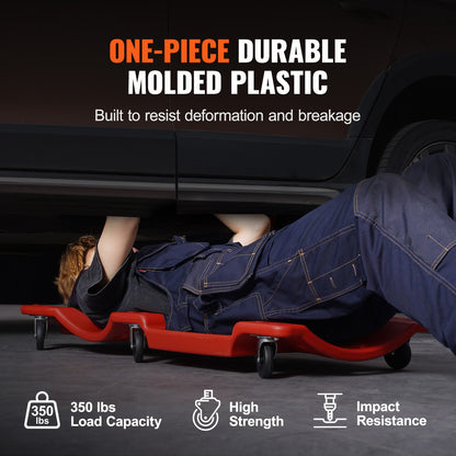 Mechanic Plastic Creeper, 36-Inch, 350 lbs Capacity Automotive Rolling Garage Creeper with Molded Ergonomic HDPE Body Padded Headrest & Dual Tool Trays 6 Wheels, for Garage Shop Auto Repair