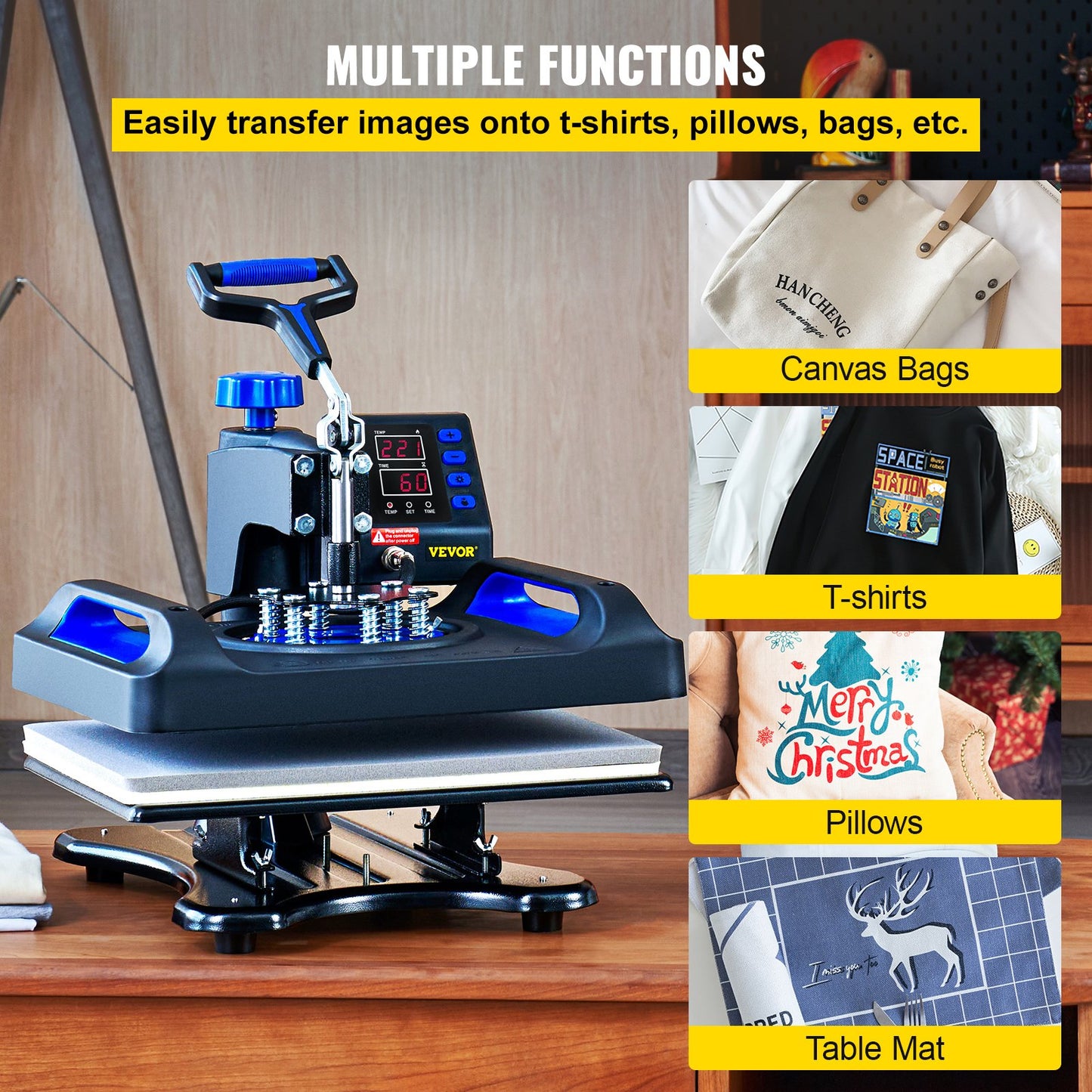 Heat Press Machine, 12 x 15 tum, snabb uppvärmning, 360 Swing Away Digital Sublimation T-Shirt Vinyl Transfer Printer, Canvas Bag, Kudde, Banner, Blå