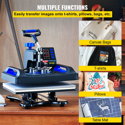 Heat Press Machine, 12 x 15 tum, snabb uppvärmning, 360 Swing Away Digital Sublimation T-Shirt Vinyl Transfer Printer, Canvas Bag, Kudde, Banner, Blå
