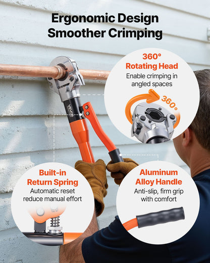 Copper Pipe Crimping Tool, Hydraulic Driven Pro Press Tool with 1/2", 3/4", 1" Jaws, Copper Tube Fittings Crimper for Narrow Spaces & Tee Fittings - with Pipe Cutter & Carrying Case