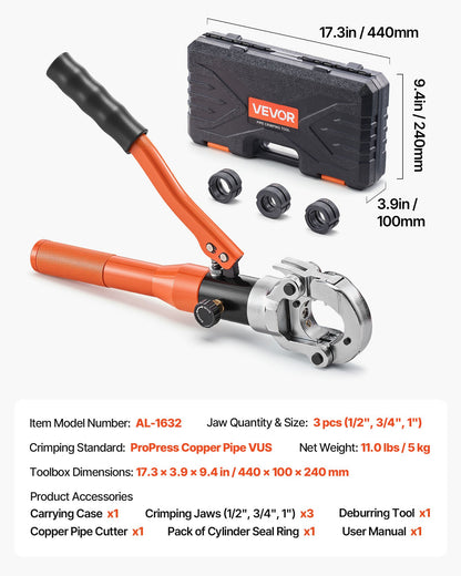 Copper Pipe Crimping Tool, Hydraulic Driven Pro Press Tool with 1/2", 3/4", 1" Jaws, Copper Tube Fittings Crimper for Narrow Spaces & Tee Fittings - with Pipe Cutter & Carrying Case