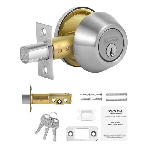 Deadbolt Lock, Round Single Cylinder Dead Bolt, Keyed 1 Side, Fits Standard Size Interior and Exterior Doors, Full Metal, with 3 Keys, for Front Entry Door Residential Security, Satin Nickel