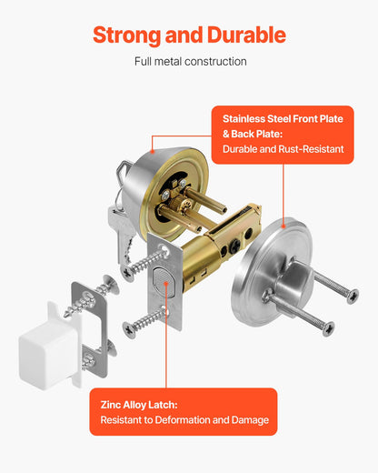 Deadbolt Lock, Round Single Cylinder Dead Bolt, Keyed 1 Side, Fits Standard Size Interior and Exterior Doors, Full Metal, with 3 Keys, for Front Entry Door Residential Security, Satin Nickel