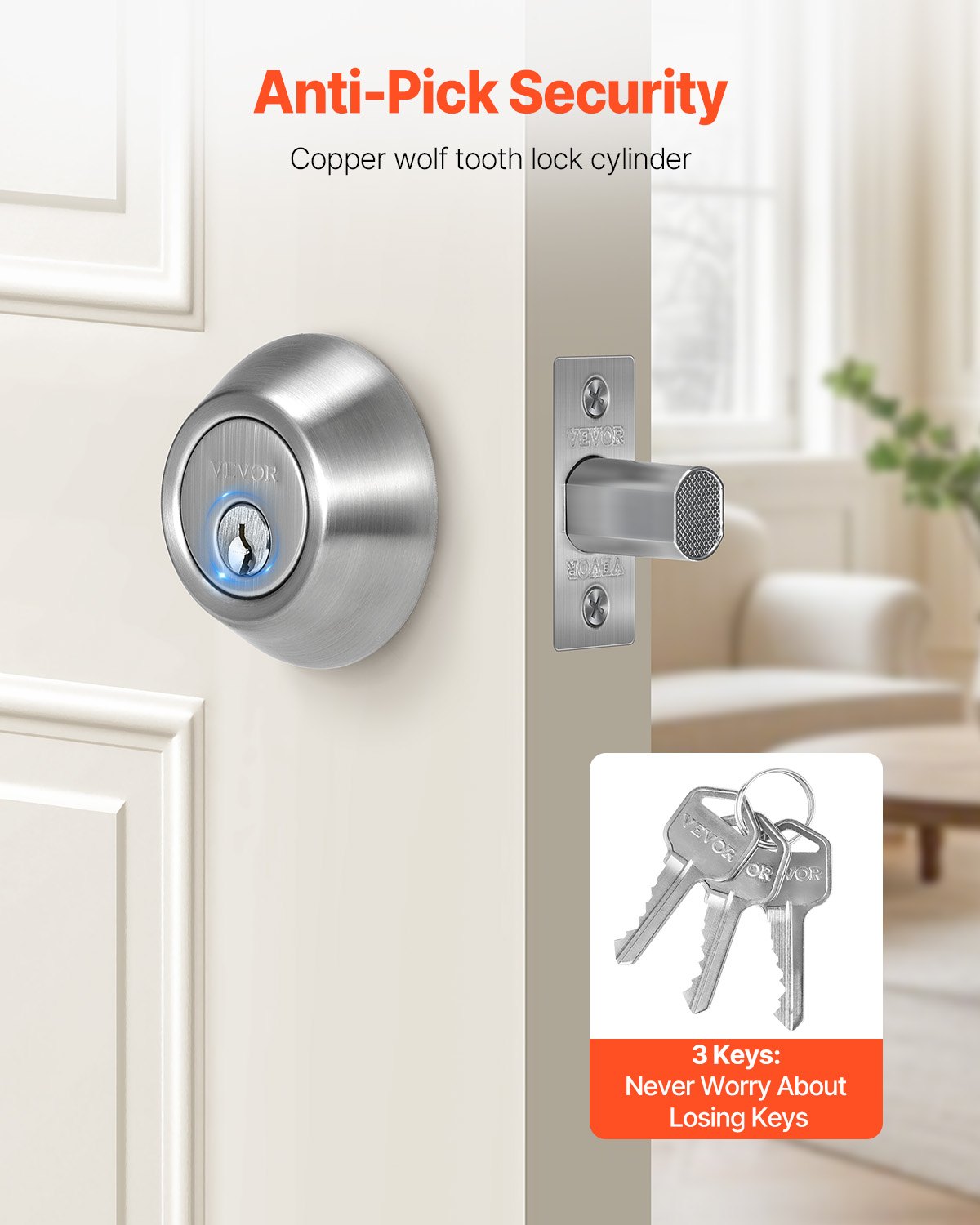 Deadbolt Lock, Round Single Cylinder Dead Bolt, Keyed 1 Side, Fits Standard Size Interior and Exterior Doors, Full Metal, with 3 Keys, for Front Entry Door Residential Security, Satin Nickel