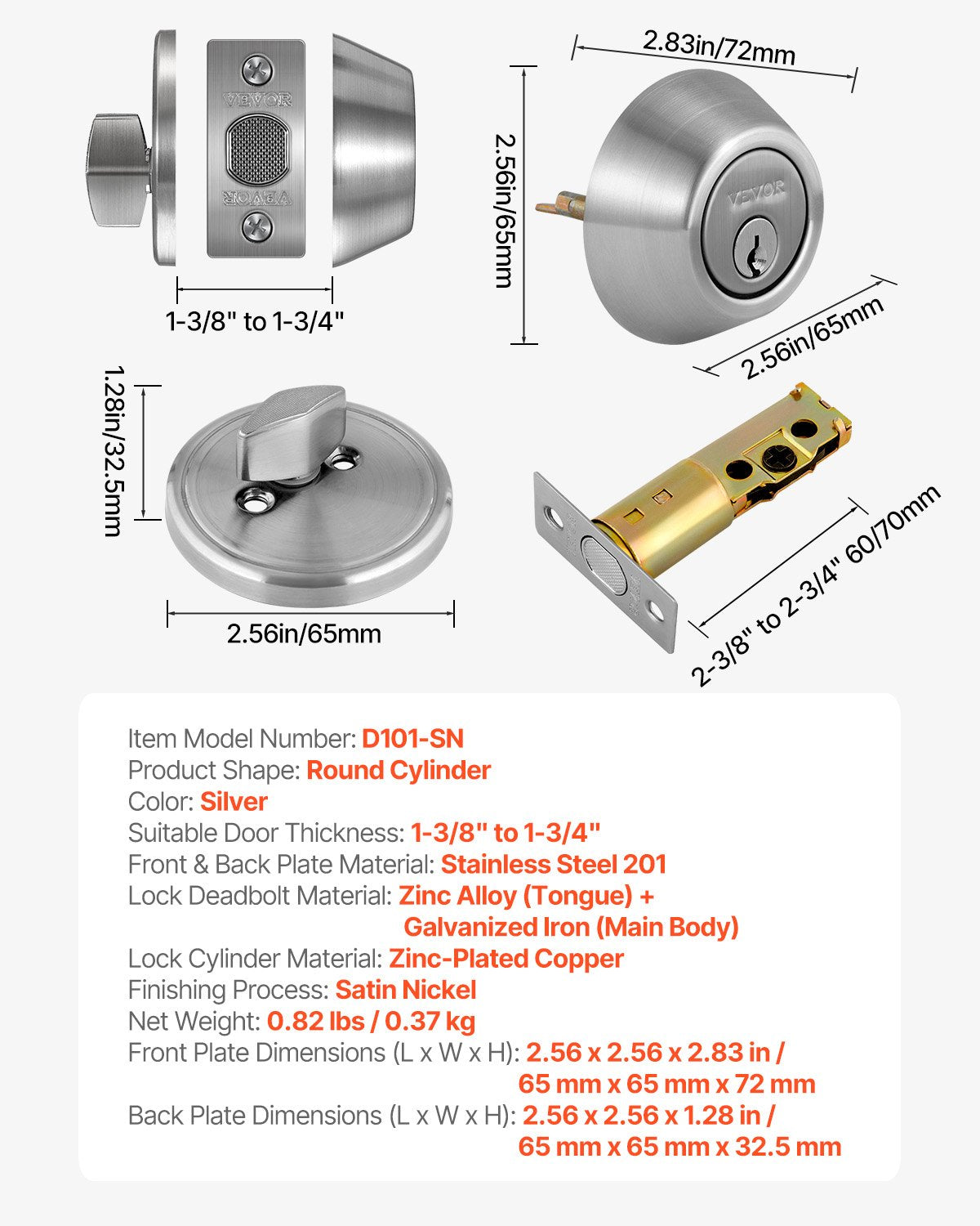Deadbolt Lock, Round Single Cylinder Dead Bolt, Keyed 1 Side, Fits Standard Size Interior and Exterior Doors, Full Metal, with 3 Keys, for Front Entry Door Residential Security, Satin Nickel