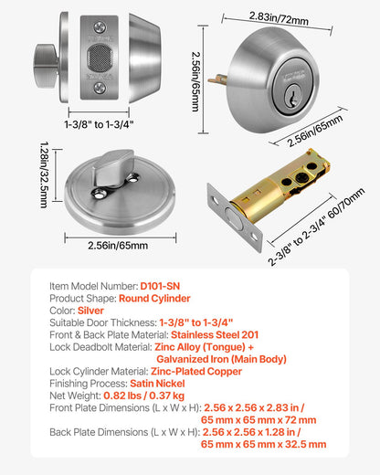 Deadbolt Lock, Round Single Cylinder Dead Bolt, Keyed 1 Side, Fits Standard Size Interior and Exterior Doors, Full Metal, with 3 Keys, for Front Entry Door Residential Security, Satin Nickel