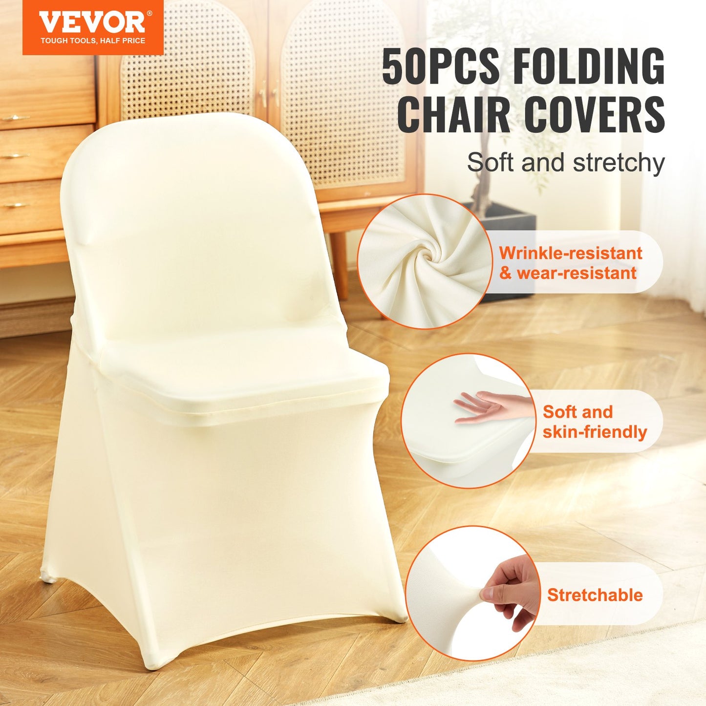 Stretch Spandex Folding Chair Covers, Universal Fitted Chair Cover, Removable Washable Protective Slipcovers, for Wedding, Holiday, Banquet, Party, Celebration, Dining (50PCS Ivory White)