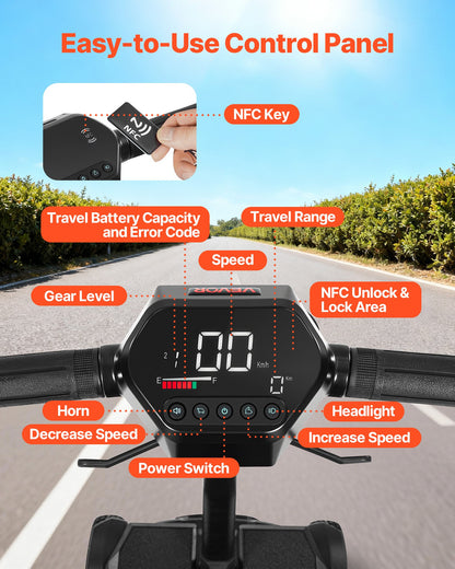 4-Wheel Electric Mobility Scooter for Adults & Seniors, Integrated Automatic Folding Mobility Scooter with Remote Control, NFC Keys & Long Range, 265LBS Loading All Terrain Travel Wheelchair