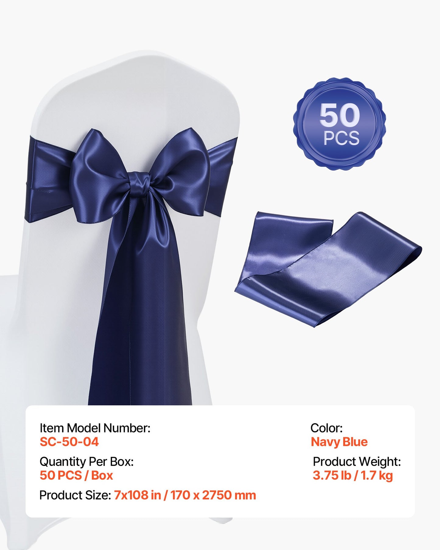 Satin Chair Sashes Bows, 50PCS Chair Ribbon Ties Back Sash, 7 x 108 inch, Navy Blue Wedding Reception Decoration, for Wedding Ceremony Baby Shower Party Events Banquet Chair Cover Decoration