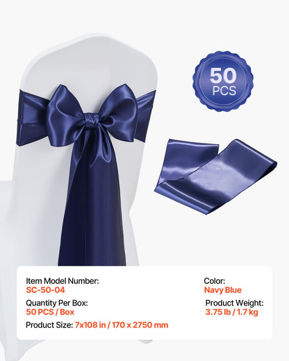 Satin Chair Sashes Bows, 50PCS Chair Ribbon Ties Back Sash, 7 x 108 inch, Navy Blue Wedding Reception Decoration, for Wedding Ceremony Baby Shower Party Events Banquet Chair Cover Decoration