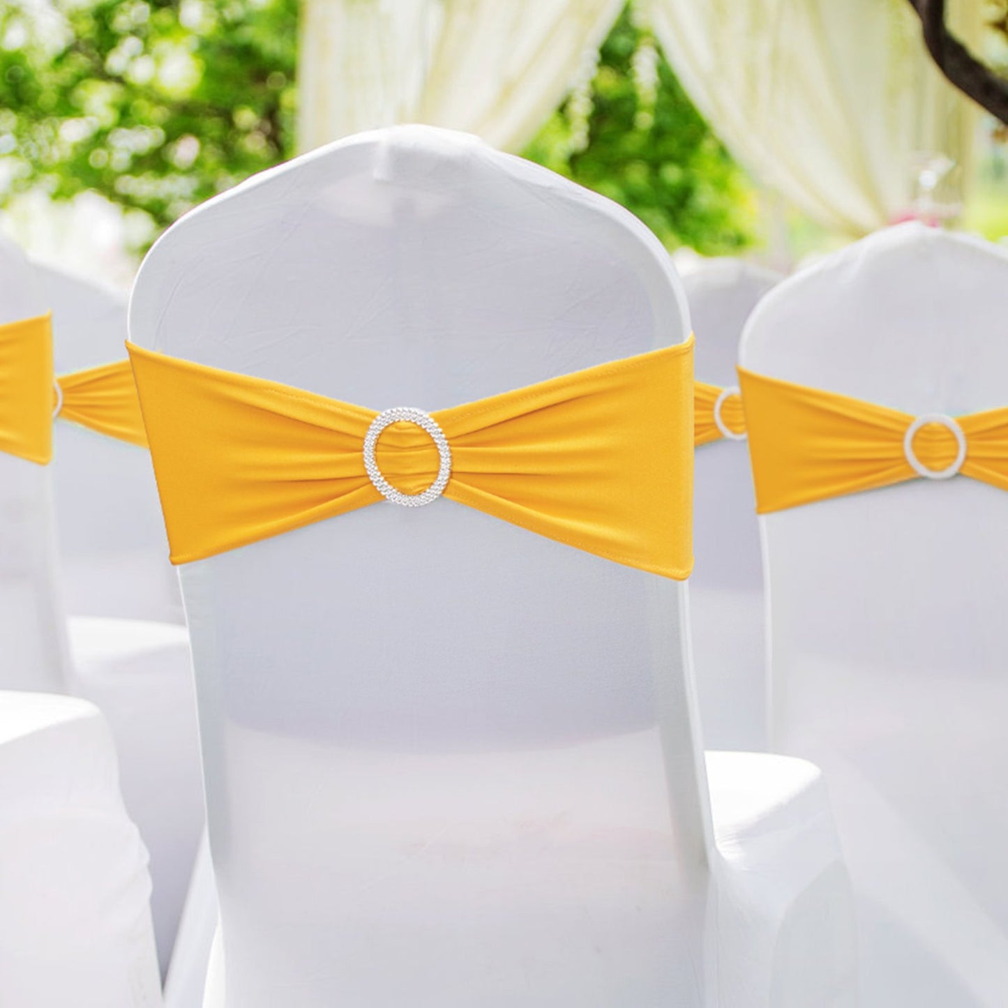 Stretch Spandex Chair Sashes, Chair Slipcover and Stretch Chair Sash with Round Buckle, Elastic Chair Bands, Fitting Wedding, Holiday, Banquet, Party Chair Decoration (100 PCS Golden Yellow)