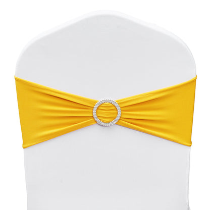 100 Stück goldgelbe Stuhlschärpen aus dehnbarem Spandex, Stuhlhussen und dehnbare Stuhlschärpen mit runder Schnalle, elastische Stuhlschärpen, geeignete Stuhldekoration für Hochzeiten, Feiertage, Bankette und Partys