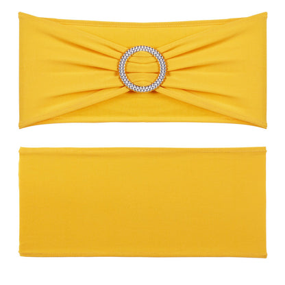 100 Stück goldgelbe Stuhlschärpen aus dehnbarem Spandex, Stuhlhussen und dehnbare Stuhlschärpen mit runder Schnalle, elastische Stuhlschärpen, geeignete Stuhldekoration für Hochzeiten, Feiertage, Bankette und Partys