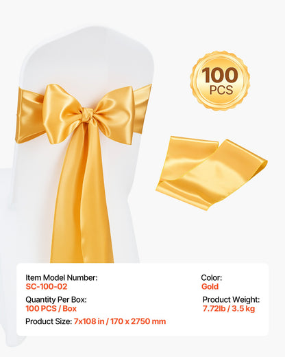 Satin Chair Sashes Bows, 100PCS Chair Ribbon Ties Back Sash, 7 x 108 inch, Gold Wedding Reception Decoration, for Wedding Ceremony Baby Shower Party Events Banquet Chair Cover Decoration