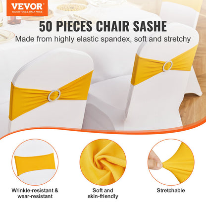 Stretch Spandex Chair Sashes, Chair Slipcover and Stretch Chair Sash with Round Buckle, Elastic Chair Bands, Fitting Wedding, Holiday, Banquet, Party Chair Decoration (50 PCS Golden Yellow)
