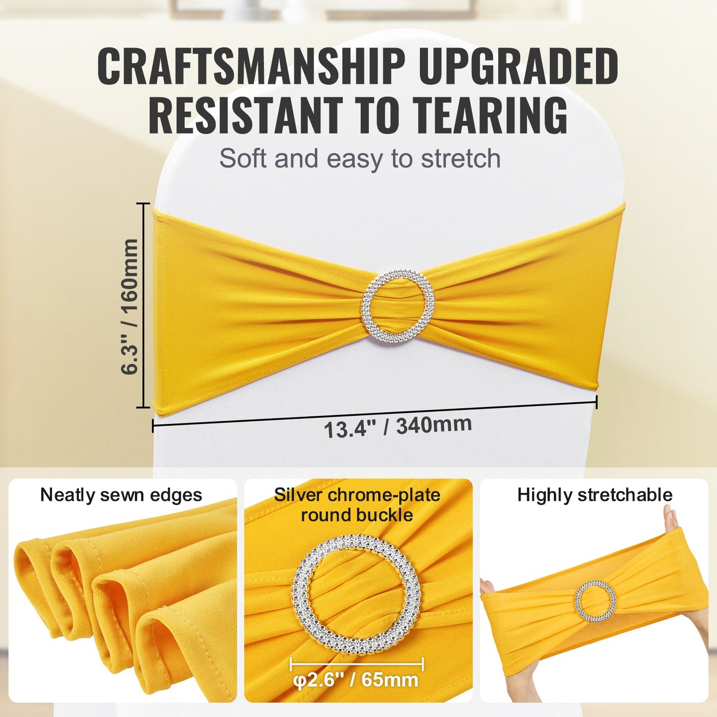 Stretch Spandex Chair Sashes, Chair Slipcover and Stretch Chair Sash with Round Buckle, Elastic Chair Bands, Fitting Wedding, Holiday, Banquet, Party Chair Decoration (50 PCS Golden Yellow)