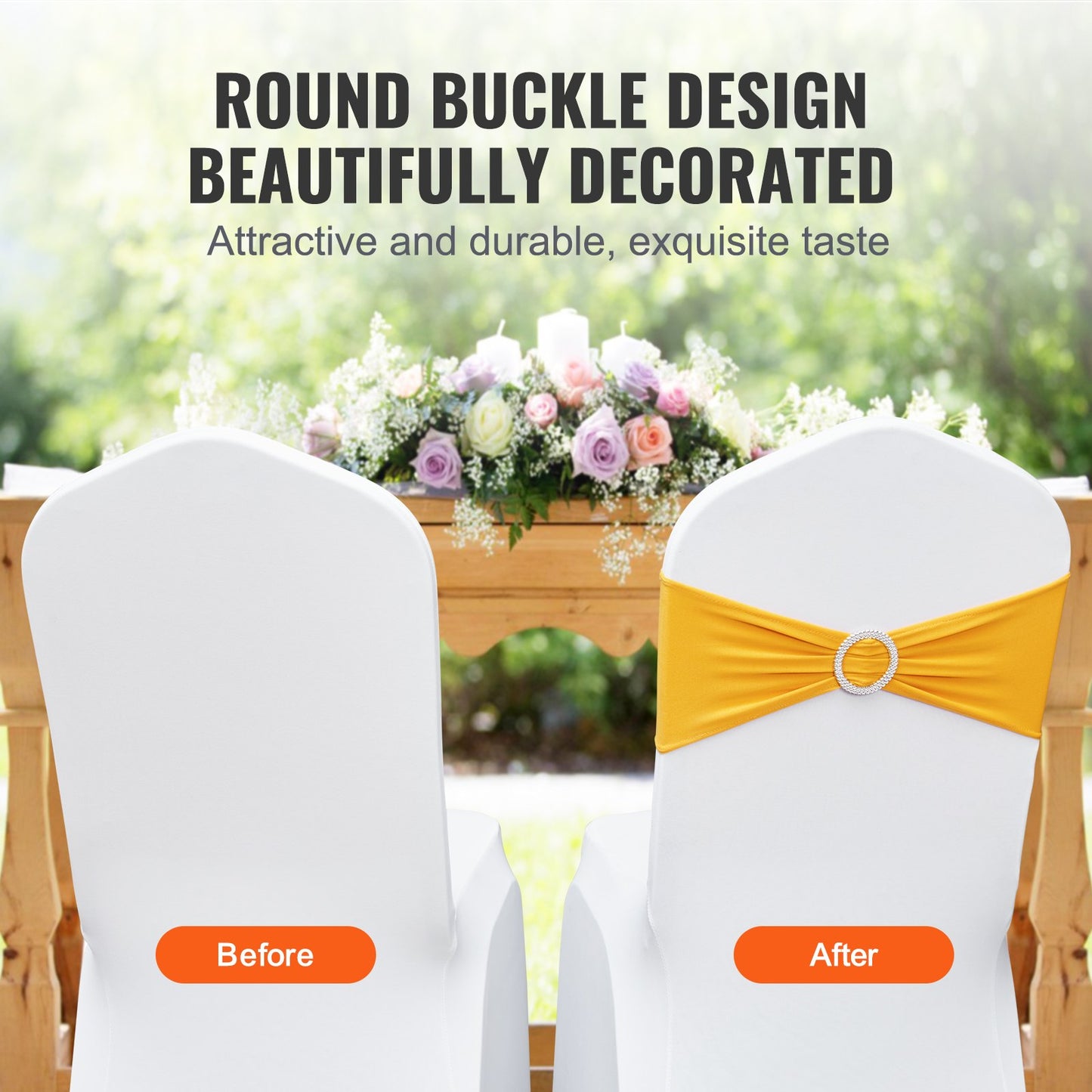 Stretch Spandex Chair Sashes, Chair Slipcover and Stretch Chair Sash with Round Buckle, Elastic Chair Bands, Fitting Wedding, Holiday, Banquet, Party Chair Decoration (50 PCS Golden Yellow)