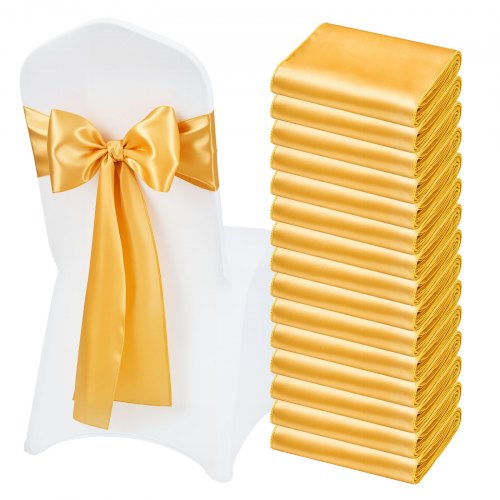 Satin Chair Sashes Bows, 50PCS Chair Ribbon Ties Back Sash, 7 x 108 inch, Gold Wedding Reception Decoration, for Wedding Ceremony Baby Shower Party Events Banquet Chair Cover Decoration